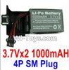 3.7V Battery-3.7Vx2 1000mah 25C Battery with 4P SM Plug,Size:22x15x6.5mm,Weight:64g