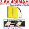 3.6V 400MAH Battery-With Oda Palace Plug(Round hole-Red Wire)-(Shape-M-Shape,One Row with 3 Inner-Battery)-Size-42x51x14.5mm,3.6V NI-CD NI-MH 400MAH Battery be suit for RC Truck,RC Car,RC Boat,RC Robot,rc tank,rc Quadcoter,Drone,RC Helicopter,etc.