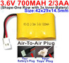 3.6V 700MAH Battery(2/3AA)-With Air-to-Air Plug-(ShapeH-Shape, One Row,left and Right Each with 2 Inner-Battery)-Size-42x29x14mm,3.6V NI-CD NI-MH 700MAH Battery be suit for RC Truck,RC Car,RC Boat,RC Robot,rc tank,rc Quadcoter,Drone,RC Helicopter,etc.