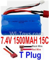 7.4V Battery-7.4V 1500mah 15C Lipo Battery with T Plug-18650(Horizontal shaft-Black Wire,Verticall shaft-Red wire),Size:65X36X18mm,Weight:92g,Be suit for RC Quadcopter,Helicopter,Car,Boat,etc.