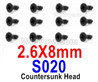 HBX 12895 Countersunk Head Screws. 2.6x8mm, Countersunk Head Self Tapping Screws. S020