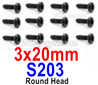 HBX 12895 Round Head Screws. 3x20mm, Round Head Self Tapping Screws. S203