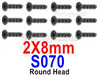 HBX 12895 Round Head Screws. 2x8mm, Round Head Self Tapping Screws. S070