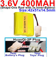 3.6V 400MAH Battery-With HuanQi-2P plug(1X Square hole+ 1X D-Shape Hole.The D-Shape Hole is Red Wire)-(Shape-M-Shape,One Row with 3 Inner-Battery)-Size-42x51x14.5mm,3.6V 400MAH NI-CD NI-MH Battery be suit for RC Truck,RC Car,RC Boat,RC Robot,rc tank,rc Quadcoter,Drone,RC Helicopter,etc.