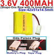 3.6V 400MAH Battery-With Oda Palace Plug(Round hole-Red Wire)-(Shape-M-Shape,One Row with 3 Inner-Battery)-Size-42x51x14.5mm,3.6V NI-CD NI-MH 400MAH Battery be suit for RC Truck,RC Car,RC Boat,RC Robot,rc tank,rc Quadcoter,Drone,RC Helicopter,etc.