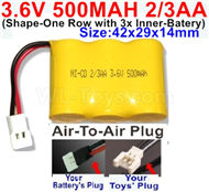 3.6V 500MAH Battery(2/3AA)-With Air-to-Air Plug-(ShapeH-Shape, One Row,left and Right Each with 2 Inner-Battery)-Size-42x29x14mm,3.6V NI-CD NI-MH 500MAH Battery be suit for RC Truck,RC Car,RC Boat,RC Robot,rc tank,rc Quadcoter,Drone,RC Helicopter,etc.