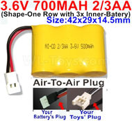 3.6V 700MAH Battery(2/3AA)-With Air-to-Air Plug-(ShapeH-Shape, One Row,left and Right Each with 2 Inner-Battery)-Size-42x29x14mm,3.6V NI-CD NI-MH 700MAH Battery be suit for RC Truck,RC Car,RC Boat,RC Robot,rc tank,rc Quadcoter,Drone,RC Helicopter,etc.