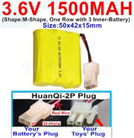 3.6V 1500MAH Battery-With HuanQi-2P plug(1X Square hole+ 1X D-Shape Hole.The D-Shape Hole is Red Wire)-(Shape-M-Shape,One Row with 3 Inner-Battery)-Size-50x42x15mm,3.6V NI-CD NI-MH 1500MAH Battery be suit for RC Truck,RC Car,RC Boat,RC Robot,rc tank,rc Quadcoter,Drone,RC Helicopter,etc.