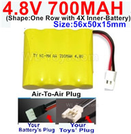 4.8V NiMH Battery Pack-700MAH,4.8 Volt NiMH Battery 700MAH,With Air-To-Air Plug(Shape-One Row with 4X Inner battery)-Size-56x50x15mm,4.8 Volt NiMH Battery