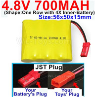 4.8V NiMH Battery Pack-700mah 4.8 Volt NiMH Battery 700MAH,With JST Plug-(Shape-One Row with 4X Inner battery)-Size-56x50x15mm,4.8 Volt NiMH Battery