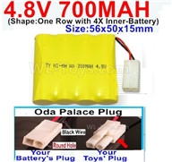 4.8V NiMH Battery Pack-700mah 4.8 Volt NiMH Battery 700MAH,With Oda Palace Plug(Round hole-Black Wire)-(Shape-One Row with 4X Inner battery)-Size-56x50x15mm,4.8 Volt NiMH Battery