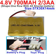 4.8V Battery Pack-700mah 4.8 Volt Battery 700mah NiCd 2/3AA Shorter-With HuanQi-2P plug(1X Square hole+ 1X D-Shape- Hole.The D-Shape- Hole is Red Wire)-(Shape-One Row With 4X Shorter-battery)-Size-50X29X29mm,4.8V Rechargeable Battery Pack