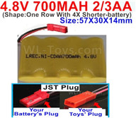 4.8V Battery Pack-700mah 4.8 Volt Battery 700mah NiCd 2/3AA Shorter-With JST Plug-(Shape-One Row With 4X Shorter-battery)-Size-50X29X29mm,4.8V Rechargeable Battery Pack
