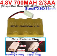 4.8V Battery Pack-700mah 4.8 Volt Battery 700mah NiCd 2/3AA Shorter-With Oda Palace Plug(Round hole-Red Wire)-(The D-Shape- hole is Black wire)-(Shape-One Row With 4X Shorter-battery)-Size-50X29X29mm,4.8V Rechargeable Battery Pack
