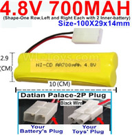 4.8V Battery Pack-700mah 4.8 Volt Battery 700mah NiCd,With Datian Palace-2P Plug(The D-Shape- hole is Black wire)-(Shape-One Row,Left and Right Each with 2 Inner-battery)-Size-100X29x14mm,4.8V Rechargeable Battery Pack