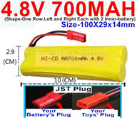 4.8V Battery Pack-700mah 4.8 Volt Battery 700mah NiCd,With JST Plug-(Shape-One Row,Left and Right Each with 2 Inner-battery)-Size-100X29x14mm,4.8V Rechargeable Battery Pack