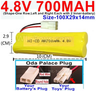 4.8V Battery Pack-700mah 4.8 Volt Battery 700mah NiCd,With Oda Palace Plug(Round hole-Red Wire)-(Shape-One Row,Left and Right Each with 2 Inner-battery)-Size-100X29x14mm,4.8V Rechargeable Battery Pack