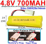 4.8V Battery Pack-700mah 4.8 Volt Battery 700mah NiCd,With Oda Palace Plug(Round hole-Black Wire)-(Shape-One Row,Left and Right Each with 2 Inner-battery)-Size-100X29x14mm,4.8V Rechargeable Battery Pack
