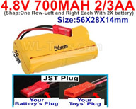 4.8V Battery Pack-700mah 4.8 Volt Battery 700mah NiCd 2/3AA Shorter-With JST Plug-Shape-One Row-Left and Right Each With 2X battery)-Size-56X28X14mm,4.8V Rechargeable Battery Pack