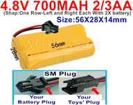 4.8V Battery Pack-700mah 4.8 Volt Battery 700mah NiCd 2/3AA Shorter-With SM Plug-Shape-One Row-Left and Right Each With 2X battery)-Size-56X28X14mm,4.8V Rechargeable Battery Pack