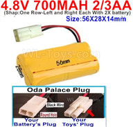 4.8V Battery Pack-1100mah 4.8 Volt Battery 1100mah NiCd 2/3AA Shorter-With Oda Palace Plug(Round hole-Black Wire)-Shape-One Row-Left and Right Each With 2X battery)-Size-56X28X14mm,4.8V Rechargeable Battery Pack
