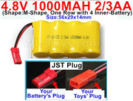 4.8V Battery Pack-1100mah 4.8 Volt Battery 1000mah NiCd Battery(2/3AA)-With JST Plug-(Shape-M-Shape-,One Row with 4 Inner-Battery)-Size-56x29x14mm,4.8V Battery Pack-1100mah 4.8 Volt Battery NiCd Battery 1000mah 2/3AA,4.8V Rechargeable Battery Pack