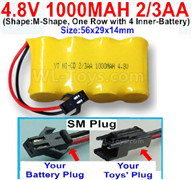4.8V Battery Pack-1100mah 4.8 Volt Battery 1000mah NiCd Battery(2/3AA)-With SM Plug-(Shape-M-Shape-,One Row with 4 Inner-Battery)-Size-56x29x14mm,4.8V Battery Pack-1100mah 4.8 Volt Battery NiCd Battery 1000mah 2/3AA,4.8V Rechargeable Battery Pack