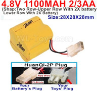 4.8V Battery Pack-1100mah 4.8 Volt Battery 1100mah NiCd 2/3AA Shorter-With HuanQi-2P plug(1X Square hole+ 1X D-Shape- Hole.The D-Shape- Hole is Red Wire)-(Shape-Two Row-Upper Row With 2X battery,Lower Row With 2X Battery)-Size-28X28X28mm,4.8V Rechargeable