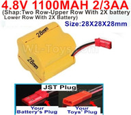 4.8V Battery Pack-1100mah 4.8 Volt Battery 1100mah NiCd 2/3AA Shorter-With JST Plug(Shape-Two Row-Upper Row With 2X battery,Lower Row With 2X Battery)-Size-28X28X28mm,4.8V Rechargeable Battery Pack