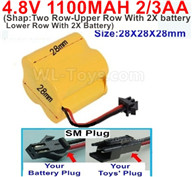 4.8V Battery Pack-1100mah 4.8 Volt Battery 1100mah NiCd 2/3AA Shorter-With SM Plug(Shape-Two Row-Upper Row With 2X battery,Lower Row With 2X Battery)-Size-28X28X28mm,4.8V Rechargeable Battery Pack