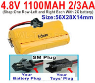 4.8V Battery Pack-1100mah 4.8 Volt Battery 1100mah NiCd 2/3AA Shorter-With SM Plug-ShapOne Row-Left and Right Each With 2X battery)-Size-56X28X14mm,4.8V Rechargeable Battery Pack