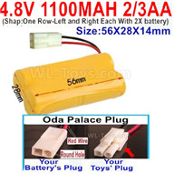 4.8V Battery Pack-1100mah 4.8 Volt Battery 1100mah NiCd 2/3AA Shorter-With Oda Palace Plug(Round hole-Red Wire)-ShapOne Row-Left and Right Each With 2X battery)-Size-56X28X14mm,4.8V Rechargeable Battery Pack