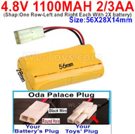 4.8V Battery Pack-1100mah 4.8 Volt Battery 1100mah NiCd 2/3AA Shorter-With Oda Palace Plug(Round hole-Black Wire)-ShapOne Row-Left and Right Each With 2X battery)-Size-56X28X14mm,4.8V Rechargeable Battery Pack