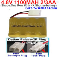 4.8V Battery Pack-1100mah 4.8 Volt Battery 1100mah NiCd 2/3AA Shorter-With Datian Palace-2P Plug(The D-Shape- hole is Black wire)-(Shape-One Row With 4X Shorter-battery)-Size-50X29X29mm,4.8V Rechargeable Battery Pack