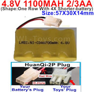 4.8V Battery Pack-1100mah 4.8 Volt Battery 1100mah NiCd 2/3AA Shorter-With HuanQi-2P plug(1X Square hole+ 1X D-Shape- Hole.The D-Shape- Hole is Red Wire)-(Shape-One Row With 4X Shorter-battery)-Size-50X29X29mm,4.8V Rechargeable Battery Pack