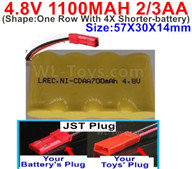 4.8V Battery Pack-1100mah 4.8 Volt Battery 1100mah NiCd 2/3AA Shorter-With JST Plug-(Shape-One Row With 4X Shorter-battery)-Size-50X29X29mm,4.8V Rechargeable Battery Pack