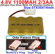 4.8V Battery Pack-1100mah 4.8 Volt Battery 1100mah NiCd 2/3AA Shorter-With Oda Palace Plug(Round hole-Black Wire)-(The D-Shape- hole is Black wire)-(Shape-One Row With 4X Shorter-battery)-Size-50X29X29mm,4.8V Rechargeable Battery Pack