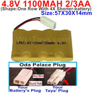 4.8V Battery Pack-1100mah 4.8 Volt Battery 1100mah NiCd 2/3AA Shorter-With Oda Palace Plug(Round hole-Red Wire)-(The D-Shape- hole is Black wire)-(Shape-One Row With 4X Shorter-battery)-Size-50X29X29mm,4.8V Rechargeable Battery Pack