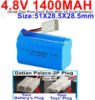4.8V Battery Pack-1400mah 4.8 Volt Battery 1400mah NiCd,With Datian Palace-2P Plug(The D-Shape- hole is Black wire)-(Shap-Two Row-Each Row With 2X Inner-battery)-Size-51X28.5X28.5mm,4.8V Battery Pack-1400mah 4.8 Volt Battery NiCd Battery 1400mah,4.8V Rech