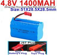 4.8V Battery Pack-1400mah 4.8 Volt Battery 1400mah NiCd,With JST Plug-(Shap-Two Row-Each Row With 2X Inner-battery)-Size-51X28.5X28.5mm,4.8V Battery Pack-1400mah 4.8 Volt Battery NiCd Battery 1400mah,4.8V Rechargeable Battery Pack