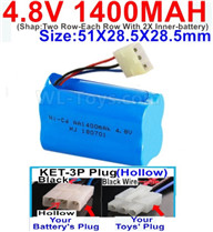 4.8V Battery Pack-1400mah 4.8 Volt Battery 1400mah NiCd,With KET-3P Plug(Hollow)-(2X Suare Hole+1X D-Shape- Hole,The Middle hole is Black wire)-(Shap-Two Row-Each Row With 2X Inner-battery)-Size-51X28.5X28.5mm,4.8V Battery Pack-1400mah 4.8 Volt Battery Ni
