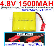 4.8V Battery Pack-1500mah 4.8 Volt Battery 1500mah NiCd,With JST Plug-(Shape-M-Shape-,One Row with 4 Inner-Battery)-Size-56x50x15mm,4.8V Battery Pack-1500mah 4.8 Volt Battery NiCd Battery 1500mah,4.8V Rechargeable Battery Pack