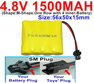 4.8V Battery Pack-1500mah 4.8 Volt Battery 1500mah NiCd,With SM Plug-(Shape-M-Shape-,One Row with 4 Inner-Battery)-Size-56x50x15mm,4.8V Battery Pack-1500mah 4.8 Volt Battery NiCd Battery 1500mah,4.8V Rechargeable Battery Pack