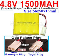 4.8V Battery Pack-1500mah 4.8 Volt Battery 1500mah NiCd,With Oda Palace Plug(Round hole-Black Wire)-(Shape-M-Shape-,One Row with 4 Inner-Battery)-Size-56x50x15mm,4.8V Battery Pack-1500mah 4.8 Volt Battery NiCd Battery 1500mah,4.8V Rechargeable Battery Pac