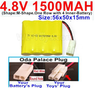 4.8V Battery Pack-1500mah 4.8 Volt Battery 1500mah NiCd,With Oda Palace Plug(Round hole-Red Wire)-(Shape-M-Shape-,One Row with 4 Inner-Battery)-Size-56x50x15mm,4.8V Battery Pack-1500mah 4.8 Volt Battery NiCd Battery 1500mah,4.8V Rechargeable Battery Pack