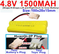 4.8V Battery Pack-1500mah 4.8 Volt Battery 1500mah NiCd,With HuanQi-2P plug(1X Square hole+ 1X D-Shape- Hole.The D-Shape- Hole is Red Wire)-(Shape-H-Shape-,Left and Right Each 3x Inner-Battery)-Size-100x28x15mm,4.8V Battery Pack-1500mah 4.8 Volt Battery N