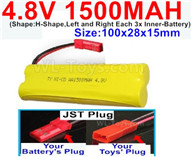 4.8V Battery Pack-1500mah 4.8 Volt Battery 1500mah NiCd,With JST Plug-(Shape-H-Shape-,Left and Right Each 3x Inner-Battery)-Size-100x28x15mm,4.8V Battery Pack-1500mah 4.8 Volt Battery NiCd Battery 1500mah,4.8V Rechargeable Battery Pack