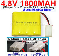 4.8V NiMH Battery Pack-1800mah 4.8 Volt NiMH Battery 1800MAH,With Datian Palace-2P Plug(The D-Shape hole is Black wire)-(Shape-One Row with 4X Inner battery)-Size-56x50x15mm,4.8 Volt NiMH Battery