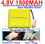 4.8V NiMH Battery Pack-1800mah 4.8 Volt NiMH Battery 1800MAH,With HuanQi-2P plug(1X Square hole+ 1X D-Shape Hole.The D-Shape Hole is Red Wire)-(Shape-One Row with 4X Inner battery)-Size-56x50x15mm,4.8 Volt NiMH Battery