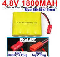 4.8V NiMH Battery Pack-1800mah 4.8 Volt NiMH Battery 1800MAH,With JST Plug(Round hole-Black Wire)-(Shape-One Row with 4X Inner battery)-Size-56x50x15mm,4.8 Volt NiMH Battery